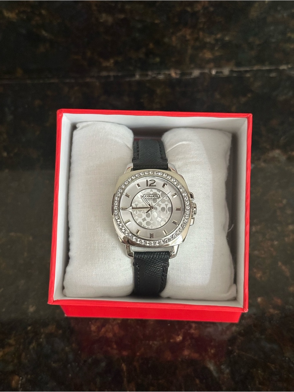 Coach Silver-Tone Crystal Bezel Watch with Black Strap